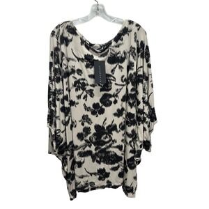 Bryn Walker Wilder Tunic Black Beige Floral Print Batwing Sleeve XL Made in USA